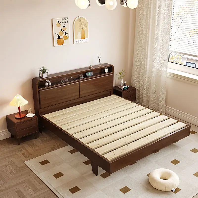 Lit double en bois massif pour chambre principale, idéal pour petit appartement ou appartement économique – Lit de renommée