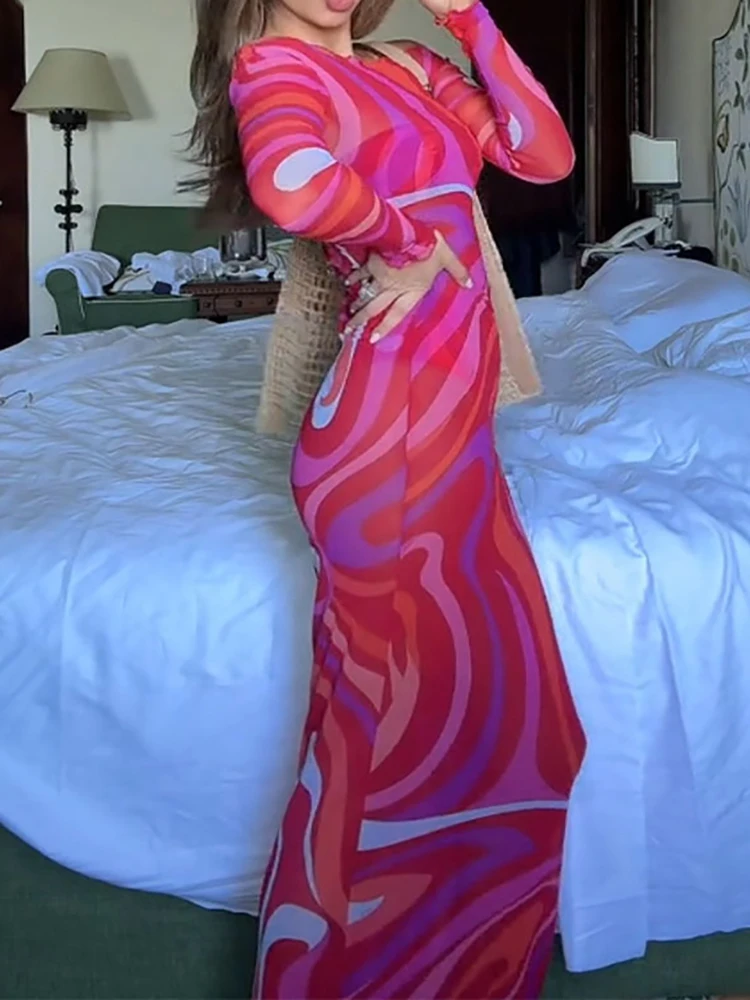 Slash Neck Slim Patchwork Chic Party Dress Women Summer Full Sleeve Simple Maxi Dress 2025 Printing Casual Ladies Dress Vestidos