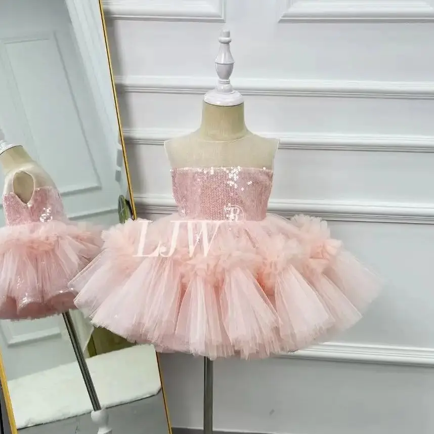 

Sleeveless Sequined Tulle Flower Girl Dress Princess Toddler Kids Wedding 1st Birthday Pageant Party Ball Gown First Communion S