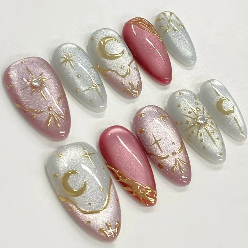 30 Stück Glitzer-Katzenaugen-Kunstnägel im Stern-Mond-Böhmen-Stil, Mandelförmige Aufklebenägel, Tragbar, Wiederverwendbar, Modische Damen-Kunstnagelspitzen