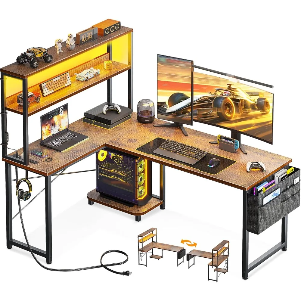 

L Shaped Desk Gaming Desk with LED Light & Power Outlet, 53 Inch Reversible L Shaped Computer Table with Shelf & Storage Bag &