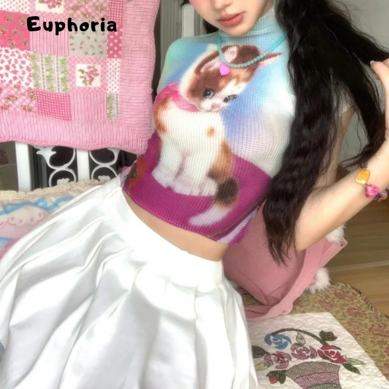 نشوة خمر تصميم جديد تمتد تي شيرت التباين كيتي طباعة المحاصيل الأعلى Gyaru 2025 الصيف س الرقبة تيز عادية E-girl القمم