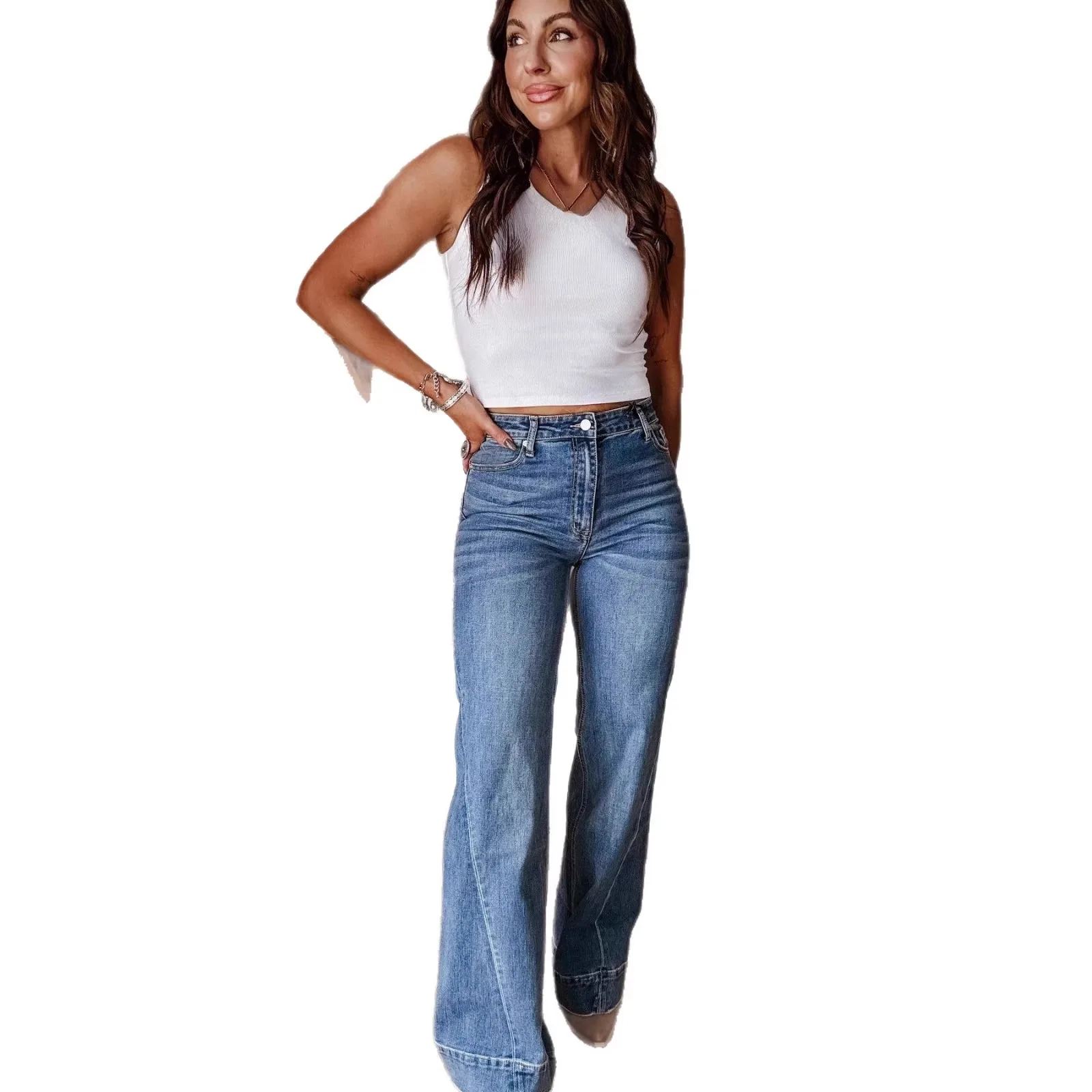 

Casual Wide Leg Jeans Women's Straight Cut Elastic Streetwear Autumn Winter Denim Pants Ladies Faion l Waist Polyester