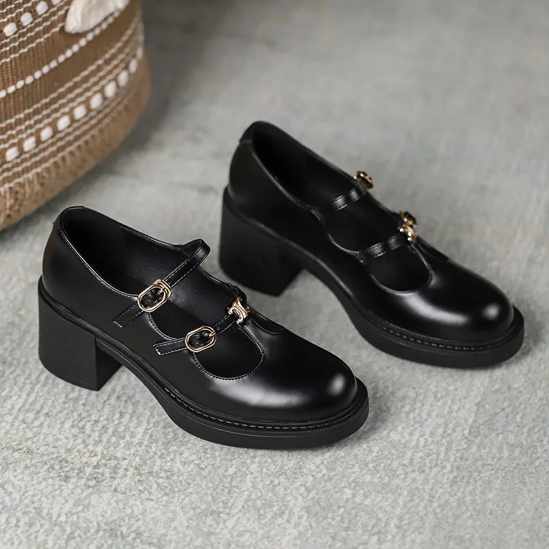 Shoes for Women Fashion Buckle Women\'s Pumps Autumn Mary Jane Round Toe Shallow High Heel Pump Female Dress Chunky Heels