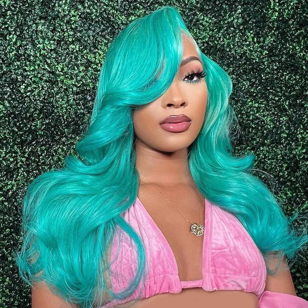 

Teal Color Glueless Human Hair Wig Brazilian Body Wave Lace Front Wigs Pre-Plucking Cyan Green 5x5 Lace Closure Wig For Women