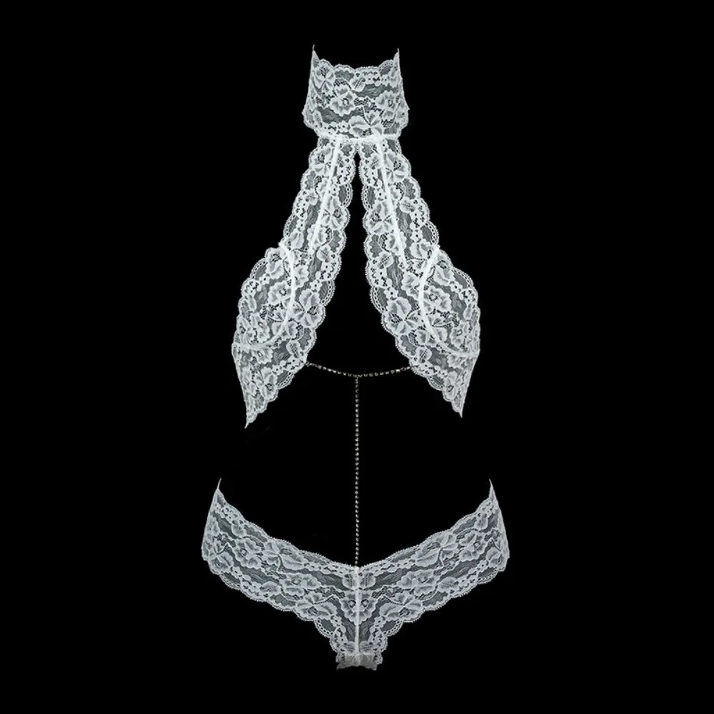 HLJ&GG Sexy Lace See Though Halter Detachable Rhinestone Bodysuits Women Sleeveless Backless One Piece Rompers Clubwear 2025 New