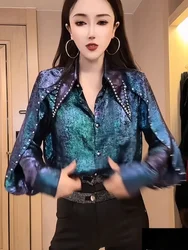 Colorful Blue Shirt Autumn New Elegant Fashion Large Lapel Beaded Lantern Sleeve Loose Shirts Street Y2k Plus Size Top Women