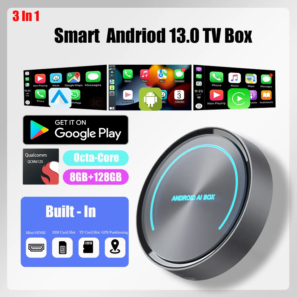 

New Android 13 Wireless Android Auto Wireless Apple CarPlay 3In1 Smart TV Box 8 Core + 128GB Built-in Netflix YouTube Play Store