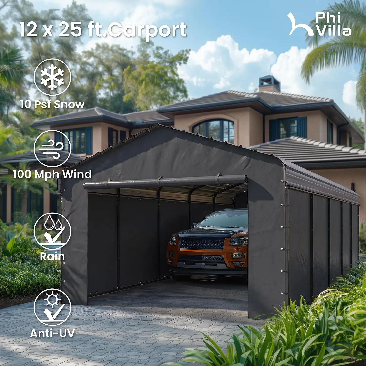 12x25 Metal Carport Canopy with Sidewalls Heavy Duty Outdoor Vehicle Shelter, Customized