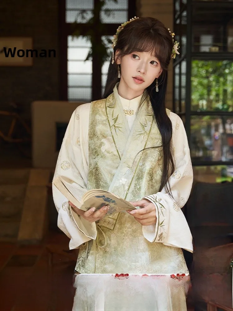 

Ele Women's Hanfu Set with Embroidered Bamboo Motifs Stand Collar irt Tee Pleat Skirt And Jaet for Autumn Season