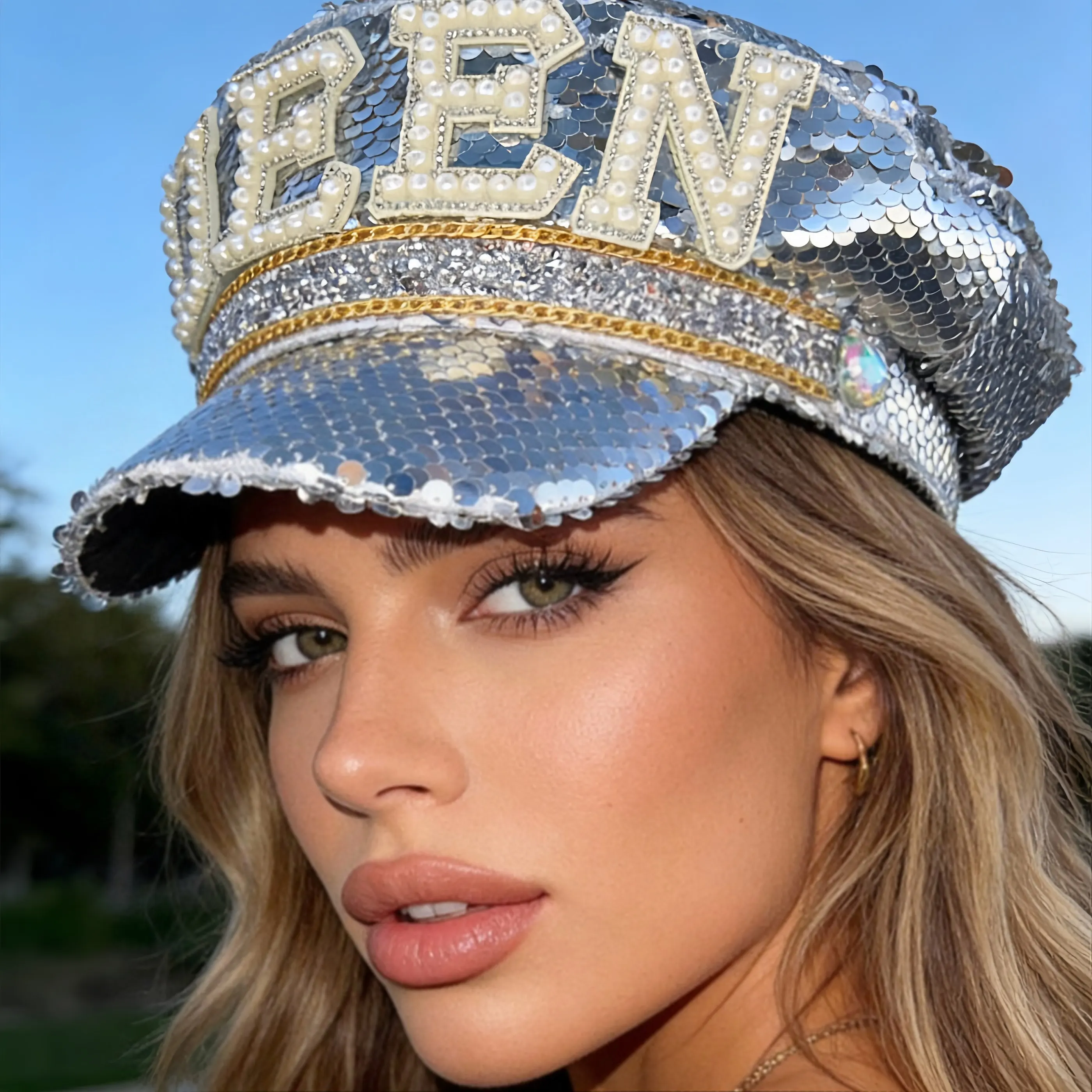 Rhinestone Captain Hat | Sparkly Adjustable Military Hats for Music Festivals, Bars, Bachelorette Party – Shiny Costume Cosplay