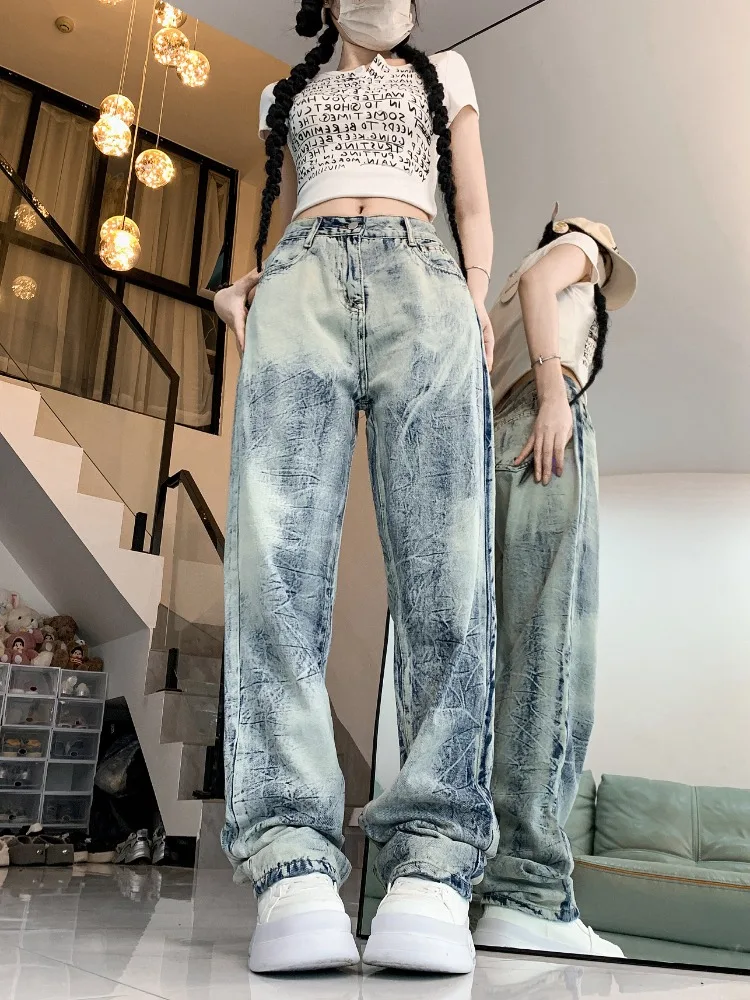 Ladies High Waisted Slouchy Tie-dye Baggy Jeans Women Clothing Girls Fashion Casual Denim Wide Leg Pants Female Clothes B2112