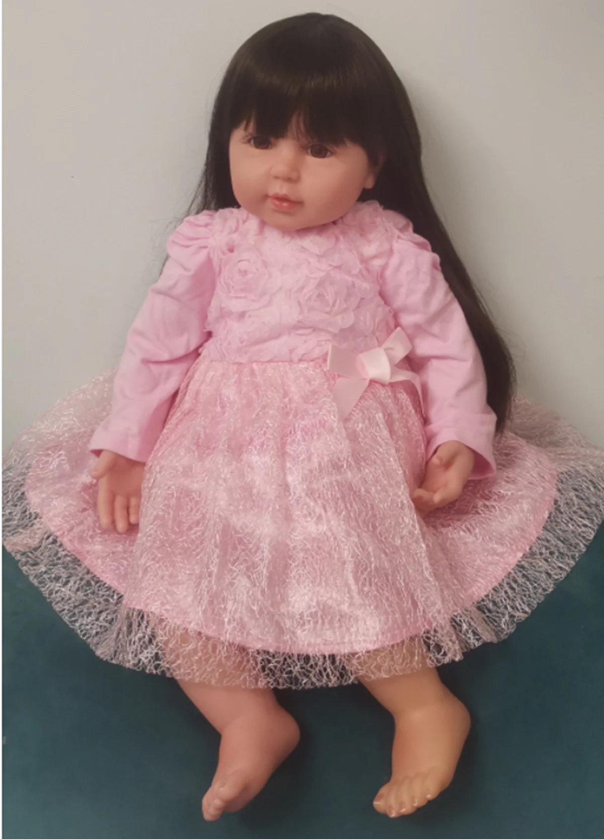 Baby Silicon Doll Long Hair Soft Silicone Vinyl Reborn Toddler Girl Doll Pink Princess Dress  Lifelike Real Baby Long wig Hair