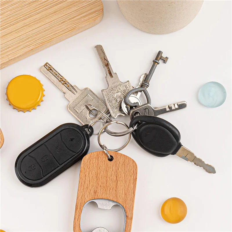 

A02M-40Pcs Wood Bottle Opener Wooden Keychain Bottle Openers Blanks Wood Engraving Key Chains Key Tag For DIY Crafts
