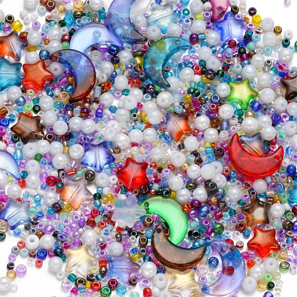 40g Mixed Star Moon Crystal Glass Beads Loose Round Pearl for DIY Jewelry Making Craft Bracelets Necklaces Earrings Accessories
