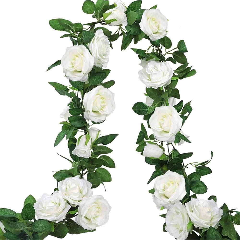 19,5 Fuß künstliche Blumengirlande mit weißer Rose, künstliche Ranken, Seidenblume, hängende Rosengirlande für Hochzeitsbogen, Gartenhintergrund – Detail 2