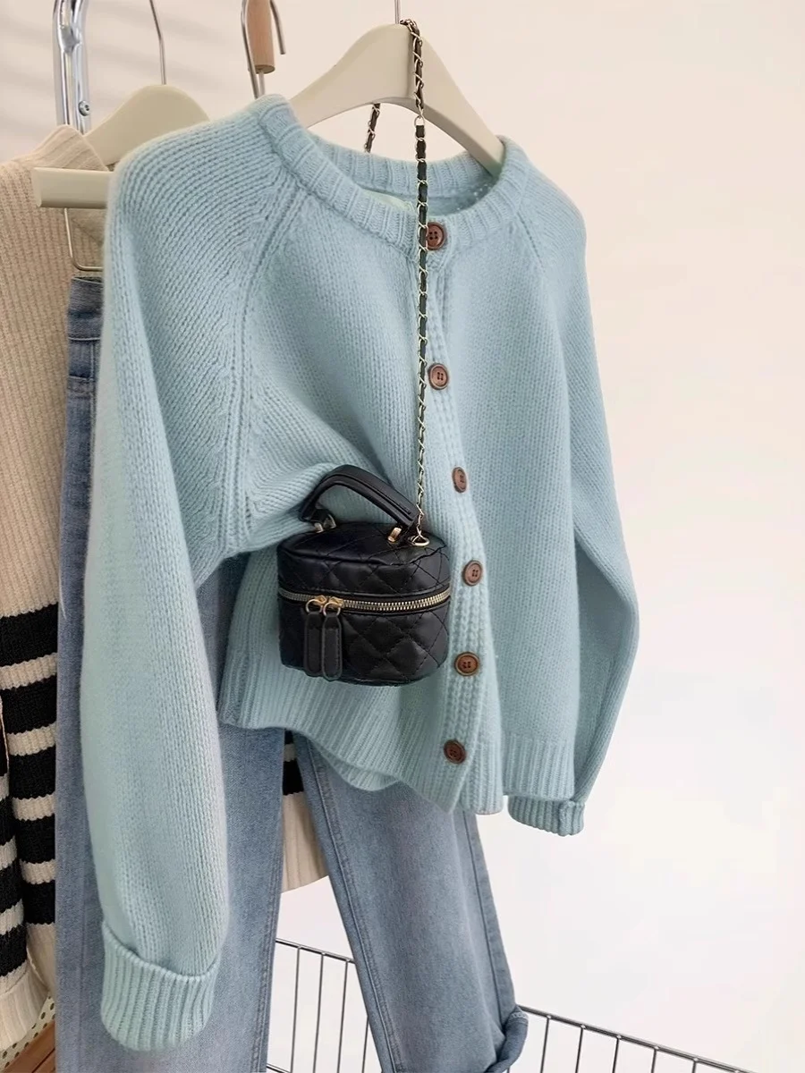 

Blue Knitted Long Sleeve Sweater Coat Women's Autumn Winter Soft Lazy Japanese Style Vintage Long Sleeve Knitted Open Cardigan