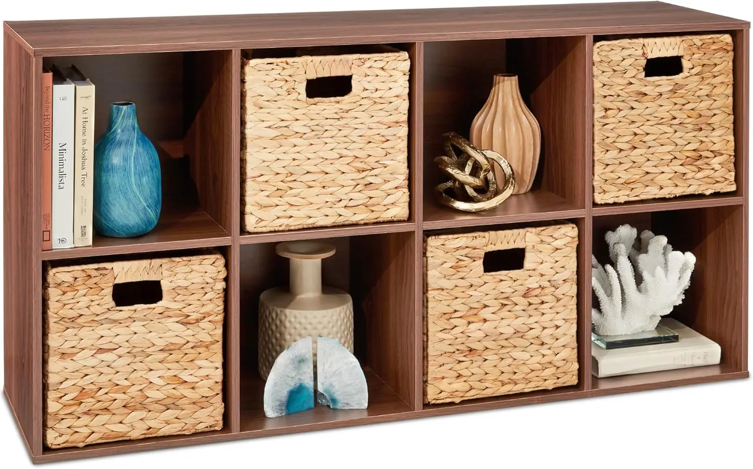 

8-Cube Storage Organizer 13.5in Shelf Opening Bookcase Display Shelf Customizable w 2 Removable Back Panels u2013 Walnut