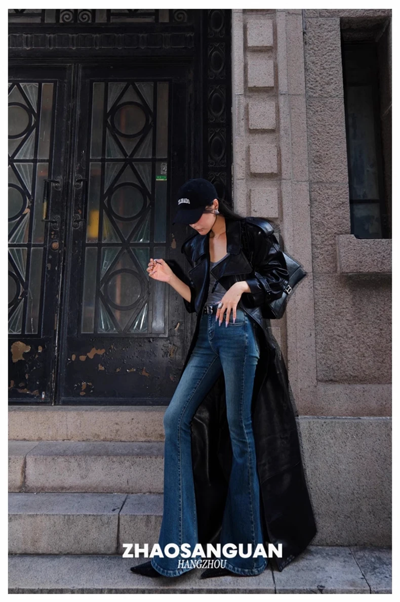 Lautaro Spring Autumn Cool Extra Long Black Loose Pu Leather Trench Coat for Women with Shoulder Pads Belt European Fashion 2024
