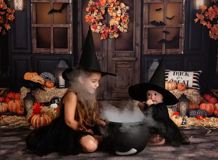 Backdrops para Halloween Porch Fotografia, Birthday Cake Smash, Pumpkin Lantern, Witch Bat, Festival Fundo para Crianças e Adultos, Outono