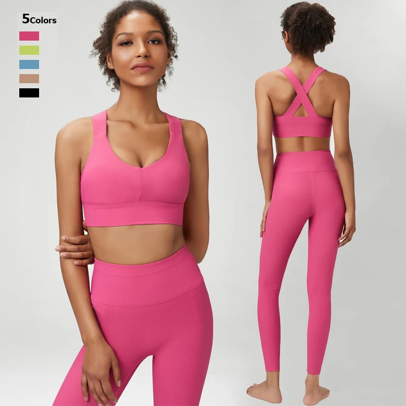 Two Pieces Yoga Set Women Solid Color Ribbed Fabric Workout Suit High Impact Bra Fitness Leggings Female Breathable Sportswear