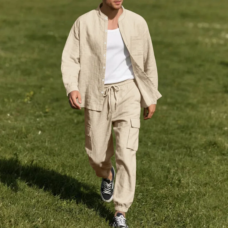 Cross-border men's autumn linen button-up shirt long-sleeved trousers cardigan casual loose beach suit men