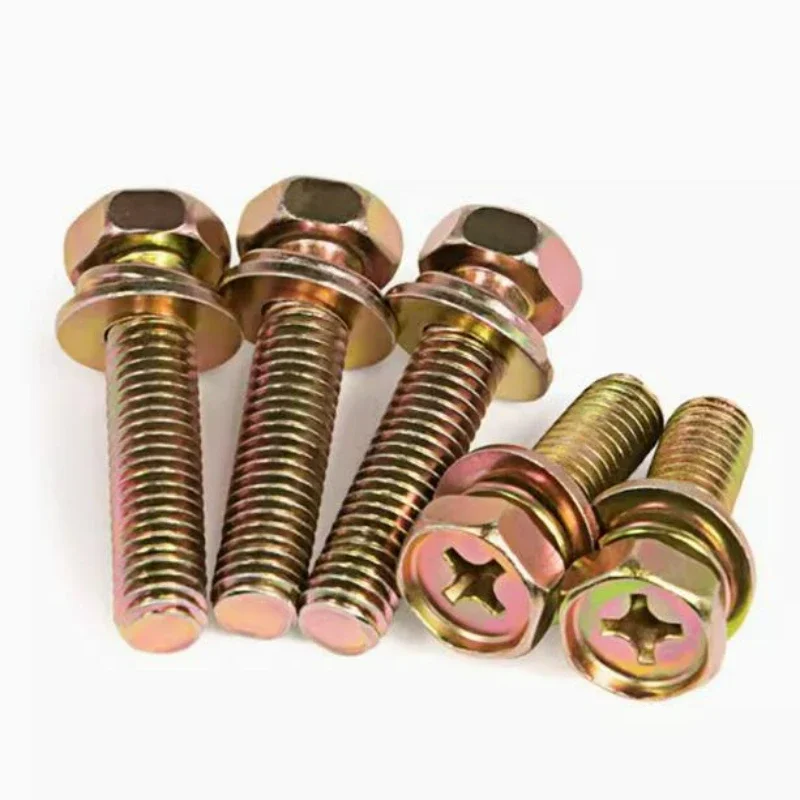 20-100PCS M3 M4 M5 M6 M8 M10 Iron Galvanized Cross Groove Outer Hexagon Cavity Three Combination Screws with Flat Pad Bolts