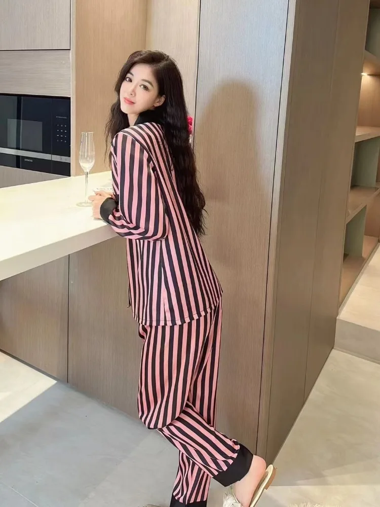 Silk Pajamas Women Long Sleeve Tops Pants Pajama Sets Sleepwear Striped Loungewear Buttons Cardigan Luxury Brand Clothing Korean