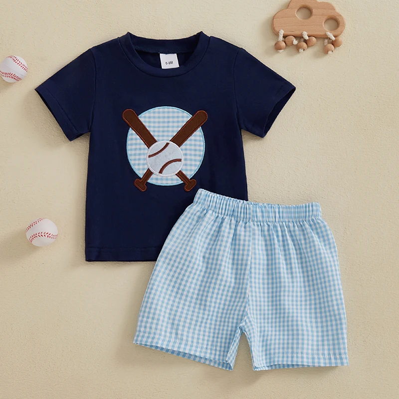 

Boys 2-Piece Outfit Set with Embroidered Baseball Tee and Plaid Shorts Elastic Waistband Short Sleeve Top