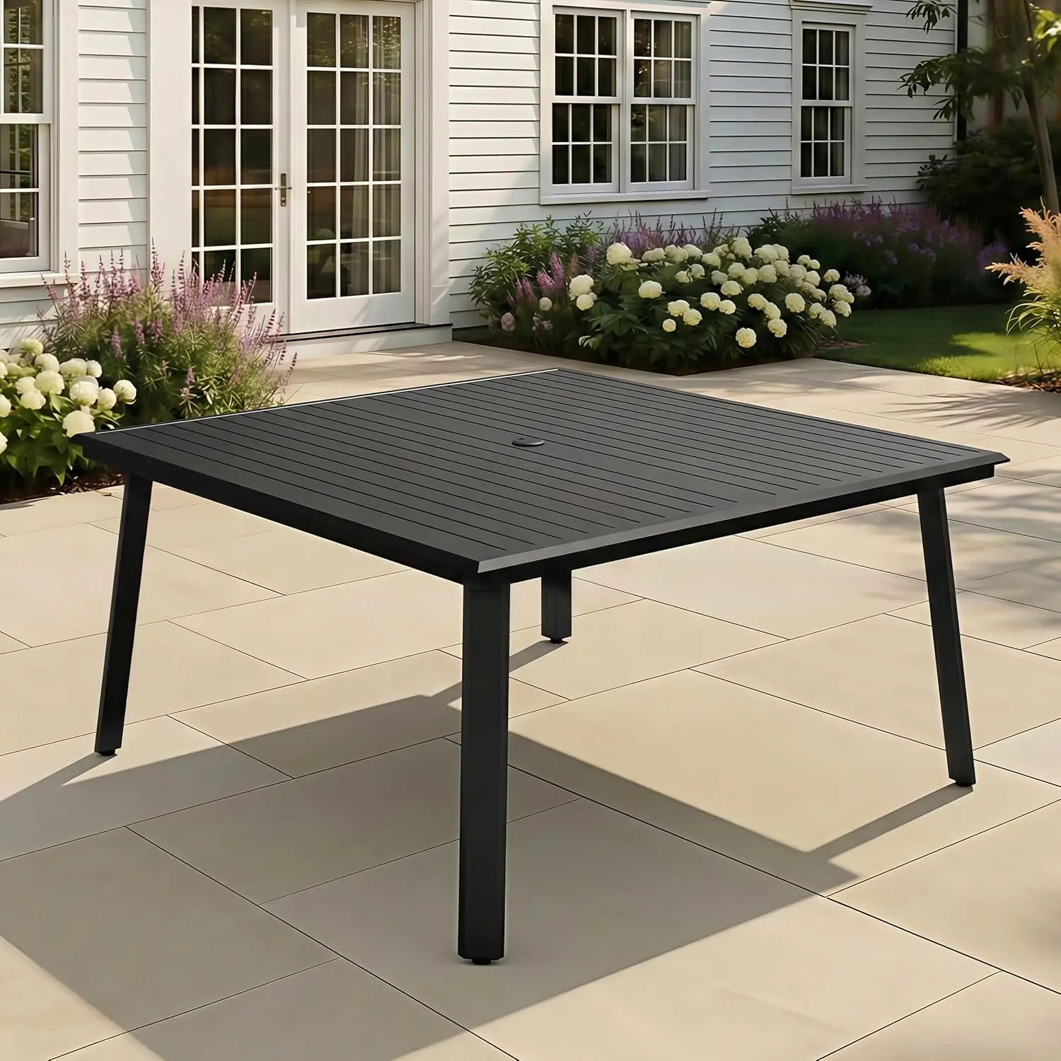 

57 Square Outdoor Table for 8 Aluminum Large Patio Dining Table with Umbrella Hole All Weather Slatted Design for Lawn