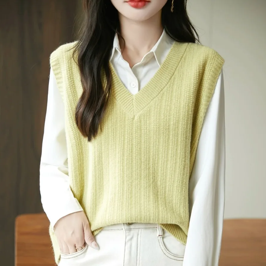 

Thiened Knitted Sweater Vest Women's V-Ne Outerwear High Quali Faionable Commute Sle Regular Length