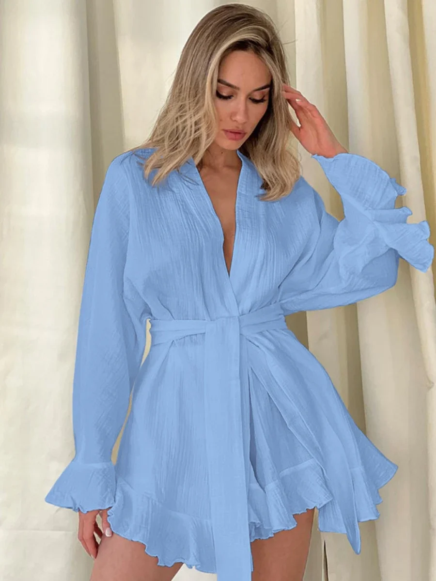 Mozuleva Autumn Long Sleeved Loose Pajamas 100% Cotton Women\'s Fashionable Ruffled Edge Nightgown Shorts Set Loose Home Clothing