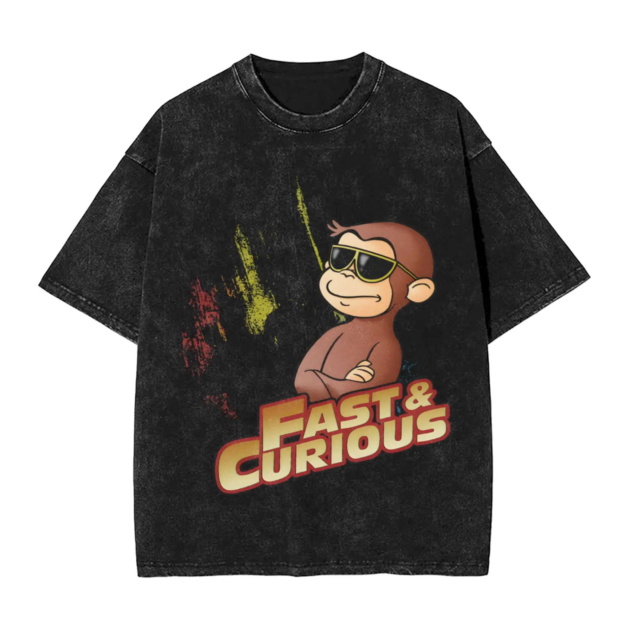 Fast and Curious Curious George T Shirts Hip Hop Washed Short Sleeve Oversize T-Shirt  Fashion Men Women Streetwear Summer Tees