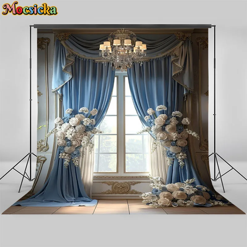 Винтажный интерьерный фон для фотосъемки с голубыми занавесками цветами для свадьбы дня рождения для беременных фотостудий