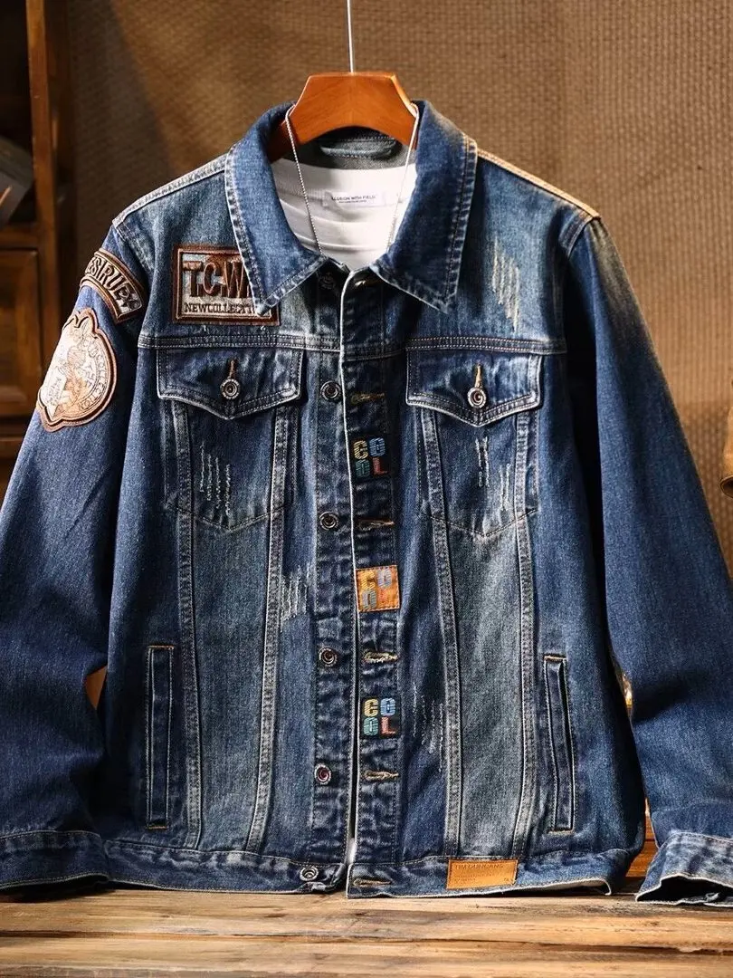 Retro Embroidered Men's Casual Denim Jacket Loose Workwear Style Spring Autumn New Arrival Youth Fashion Classic Long Sleeve