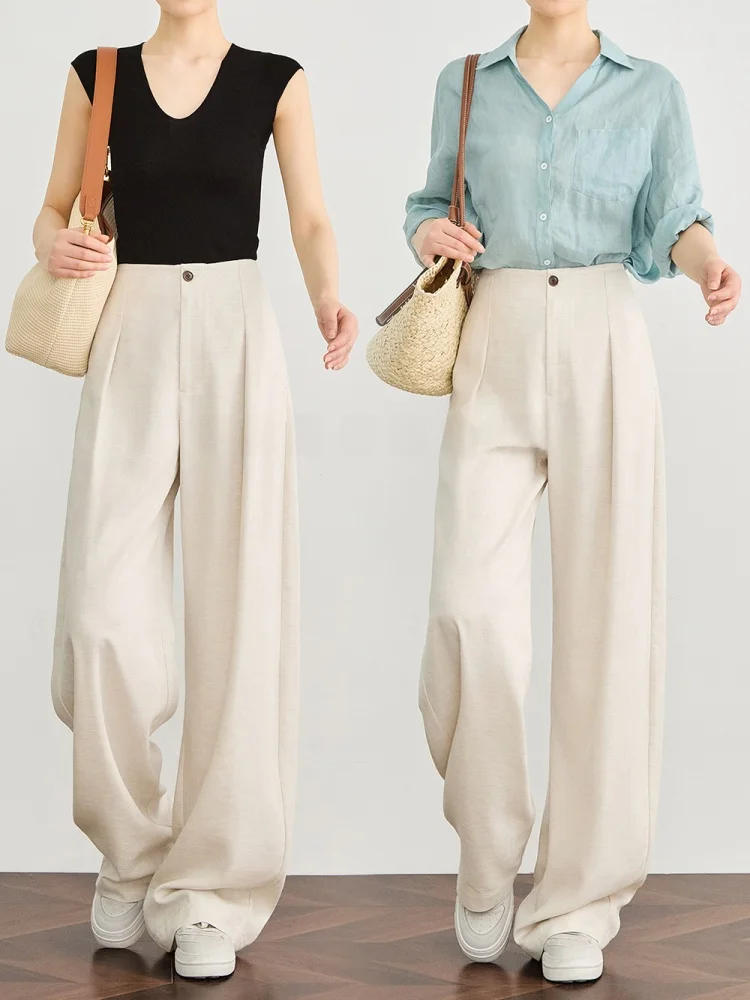 

FALIN High Waist Linen Wide Leg Pants Draped Banana ape Thin Material Suit Pants for Women Commute Sle Casual P...