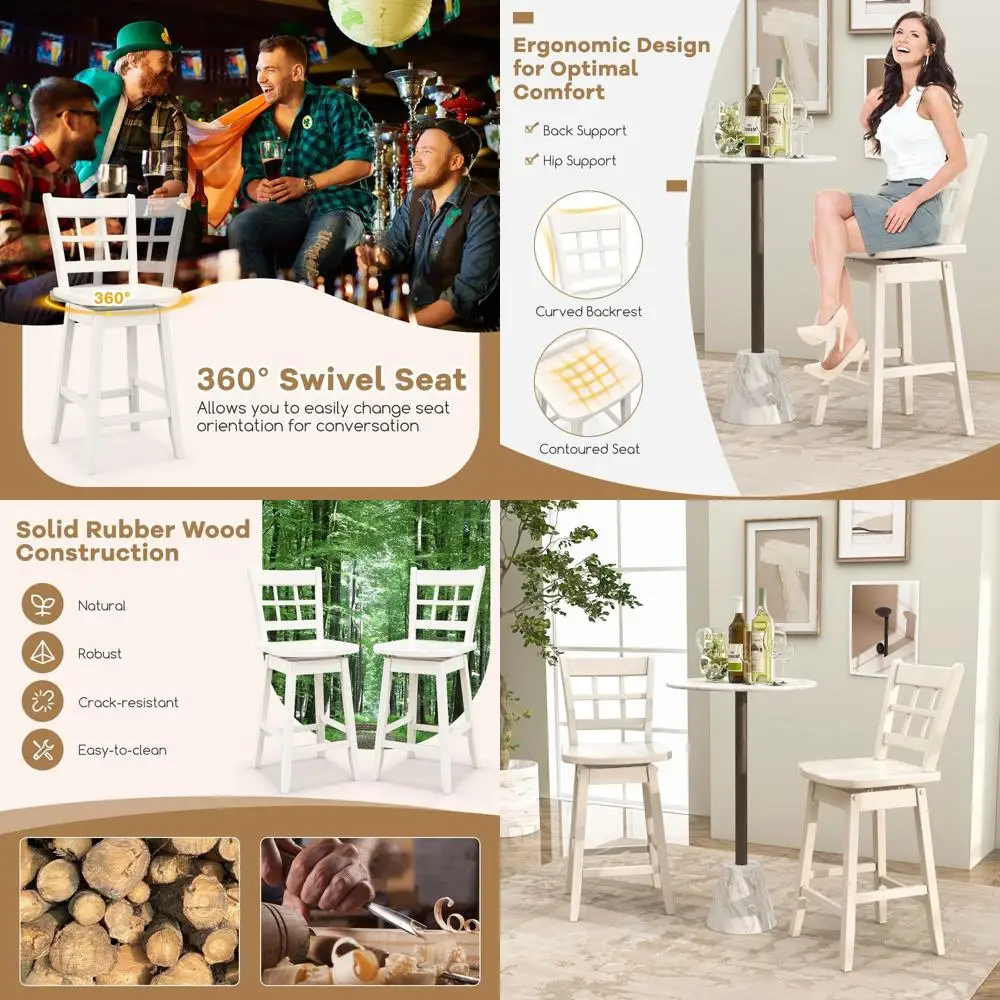 

Swivel Bar Stools Set of 4, 24.5 Inch Counter Height Bar Chairs w/Hollow Backrest & Contoured Seat, Wooden Barstools w/Footrest