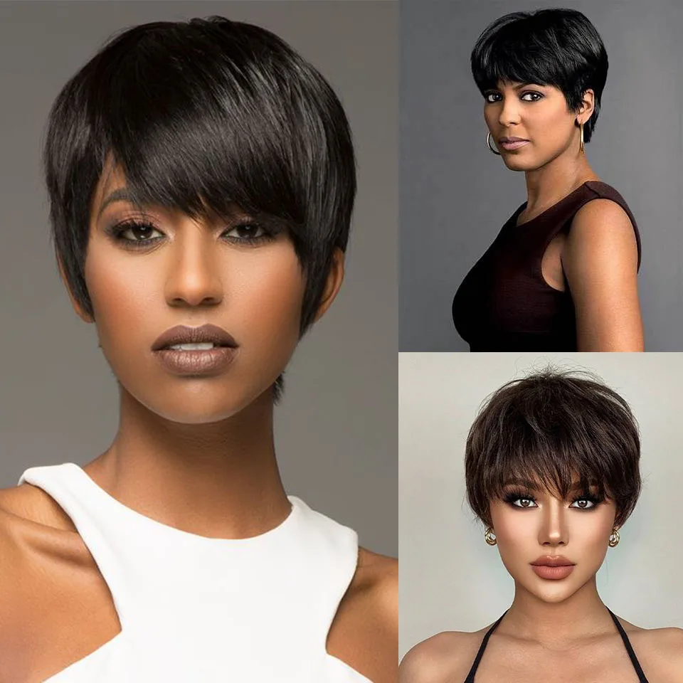 Pixie Cut Wigs Human Hair Wigs For Women Full Machine Made Human Hair Wigs Brazilian Remy Hair Wigs With Bang Short Bob Wigs