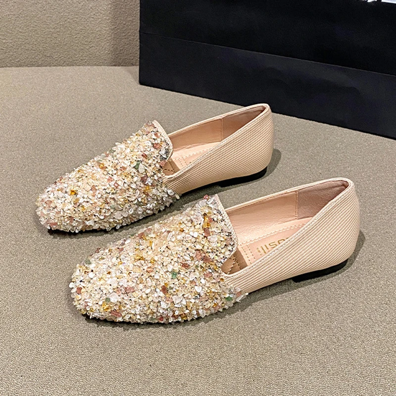 

Shoes Women Rhinestone Loafers Fashion Square Toe Flats Shoes Vintage Slip on Comfortable Shallow Slides Oversize Zapatos Mujer