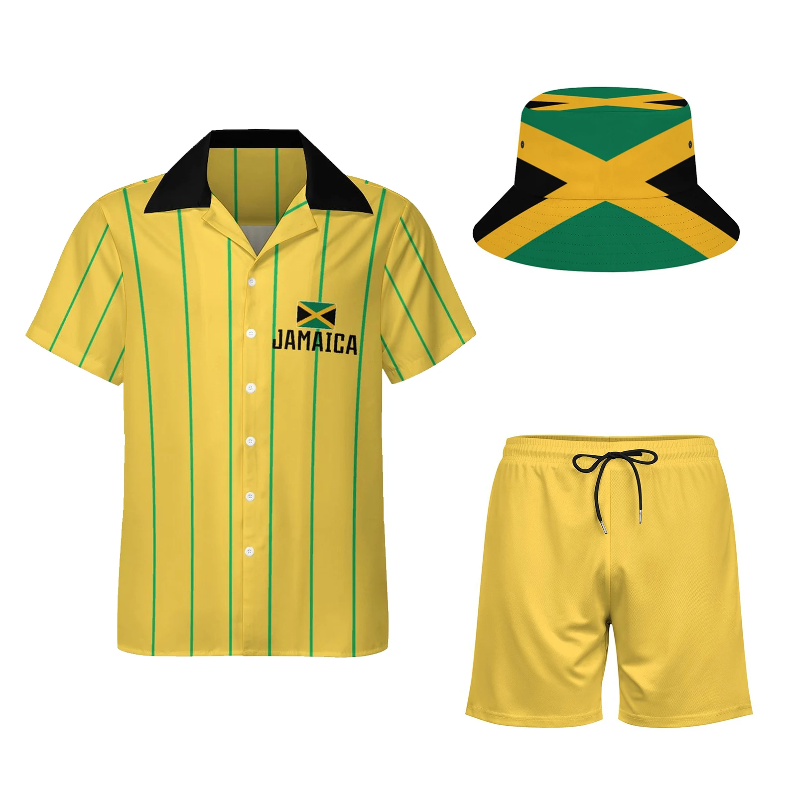 

Men's Jamaica Flag Hawaiian Shirt and Shorts Set with Bucket Hat 3PCS Tropical Summer Outfit Beachwear for Vacation