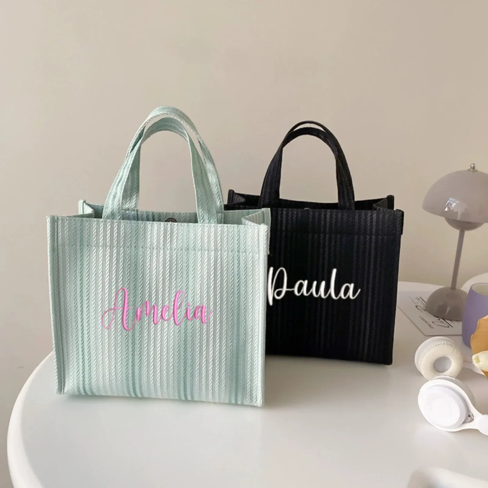 

Personalized Embroidered Tote Bag - Large Capacity Canvas Bag with Name - Stylish Striped Design for Travel and Shopping