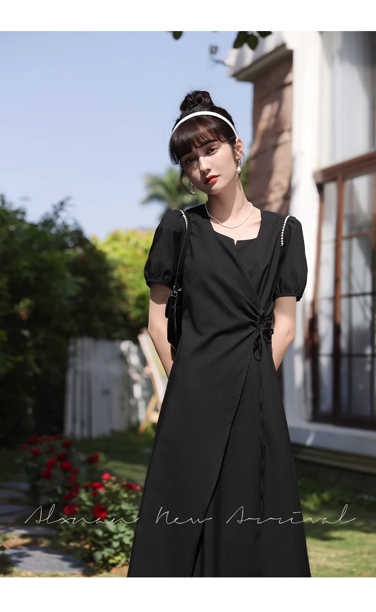 

ALXNAN Black Dress for Women 2024 Summer Puff Short Sleeve Elegant Long Ruched High Waist Female Dresses Hepburn Style LXN25379