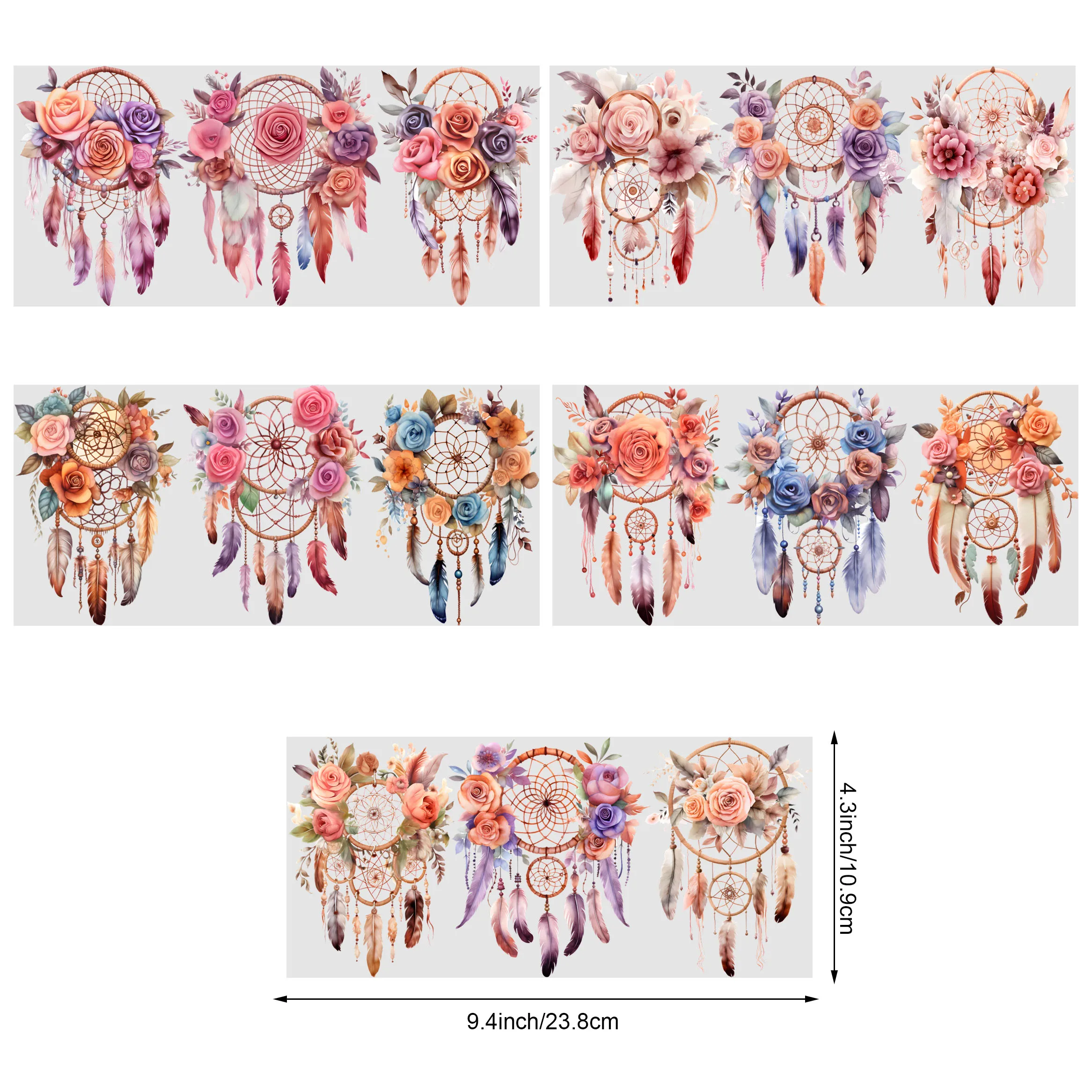 5 Sheets Dream Catcher UV DTF Cup Stickers 16 oz, DTF Friction Transfer Stickers, Waterproof Dream Catcher Stickers for DIY