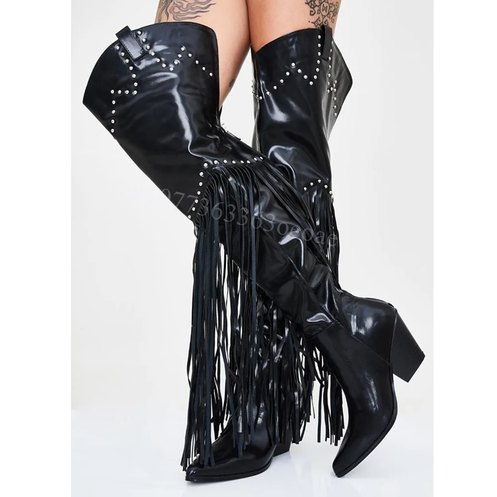 Tassels Decor Thigh High Boots Matte Leather Rhinestone Shoes for Women Chunky Heels Fashion Shoes 2024 Zapatos Para Mujere