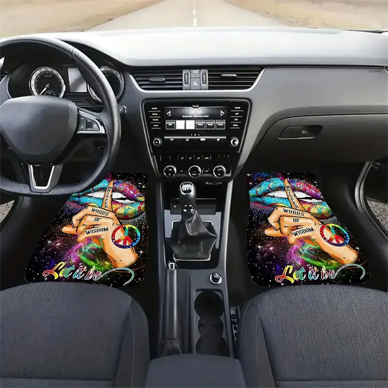 Premium 4Pcs Car Floor Mat With Galaxy Hippie Peace Sign Finger Print For Female Car Owners Accessories