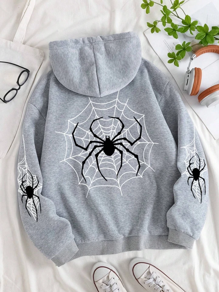 トップス Spider Web Design Hoodie Simple Spiders & Cobwebs Printed Women Hoodie Crewneck Fleece Warm