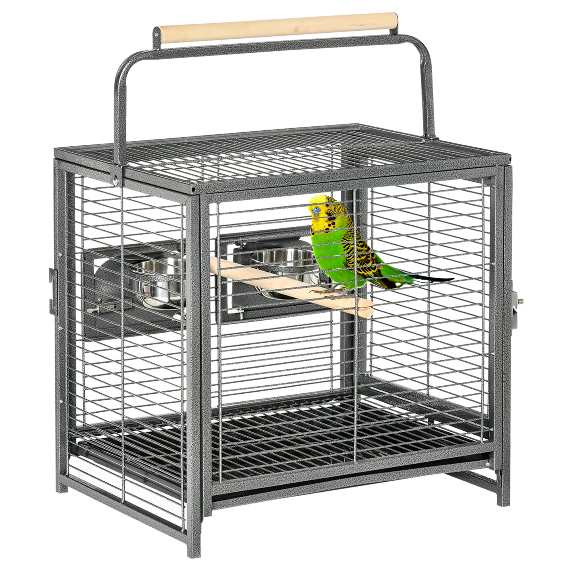 

19" Travel Bird Cage Parrot Carrier with Handle Wooden Perch for Cockatiels, Conures, Black