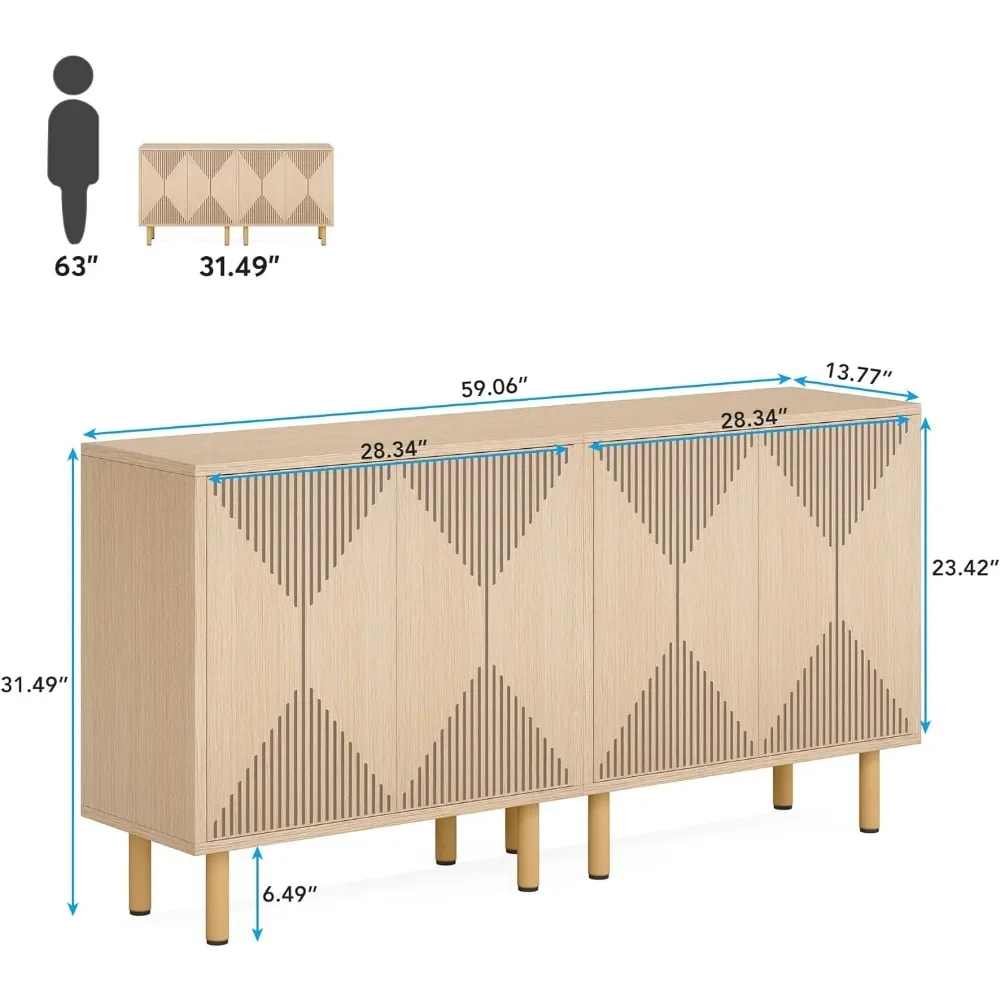 Modern Natural Storage Cabinet, Classic 59 Inches Sideboard, Wood Buffet Cabinet With Doors