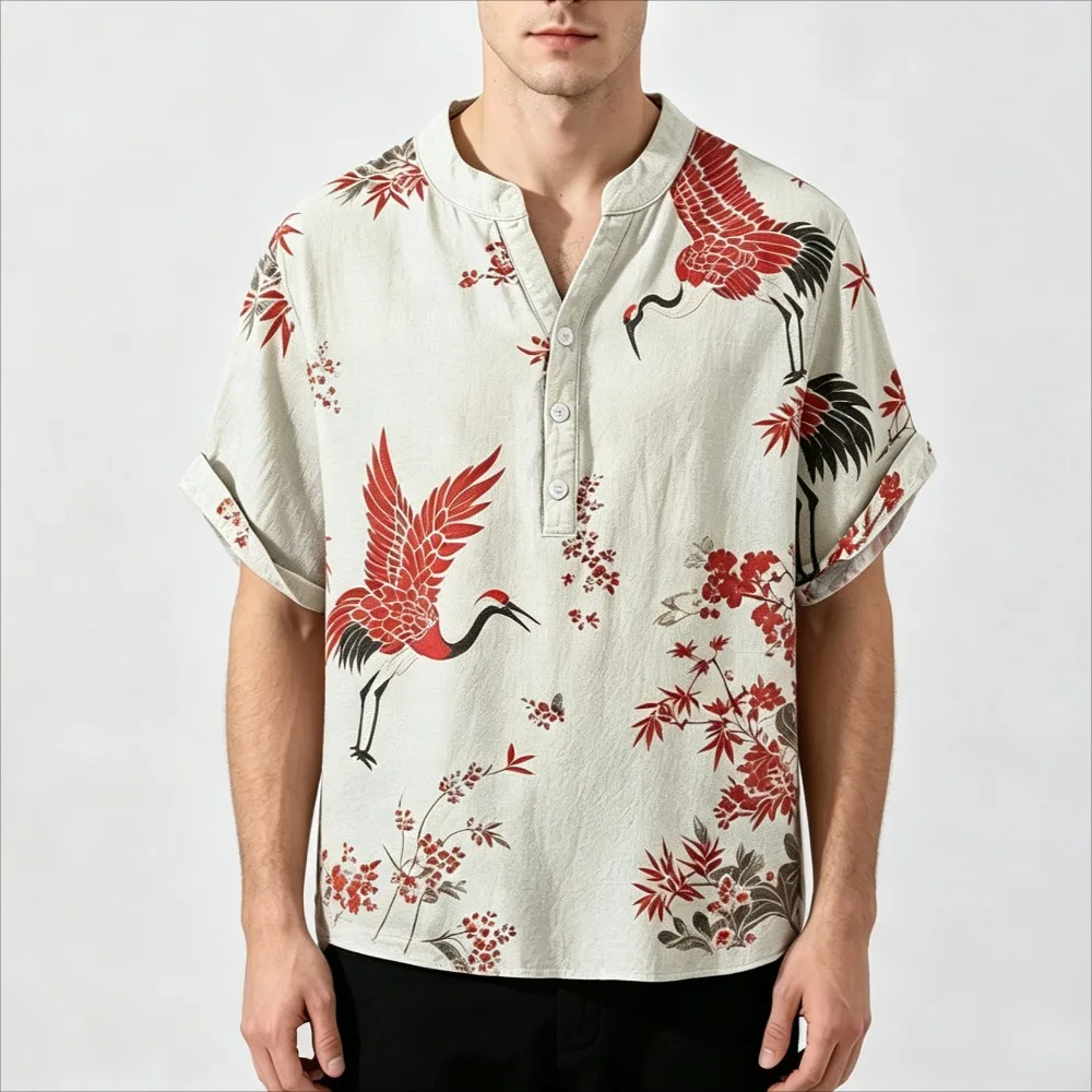 Men's Vintage Japanese Harajuku Crane Print Henley Short Sleeve Shirt Ukiyo‑e Loose Casual Streetwear Summer Daily Beach Blouse