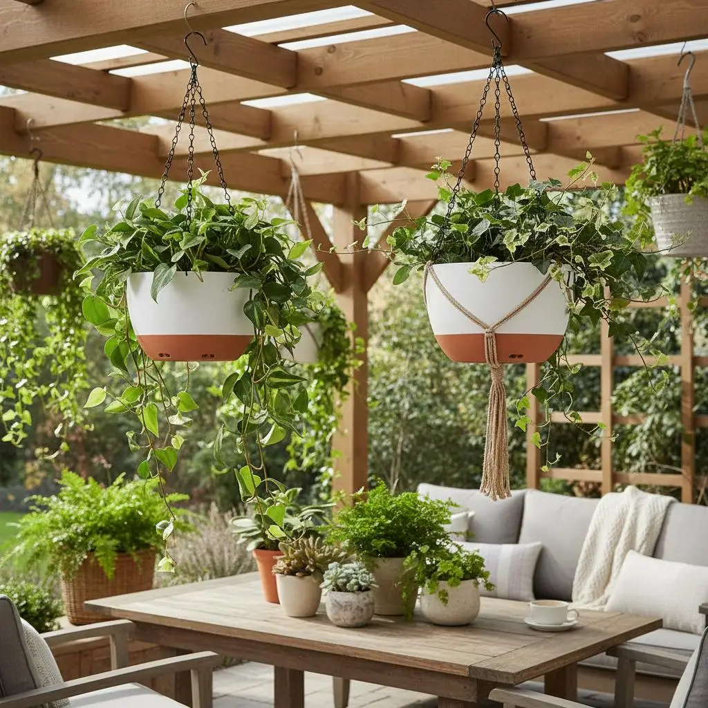 

Подвесные цветочные горшки 10 дюймов для сада, балкона, гостиной, с автополивом, дренажным отверстием, 2 типа креплений, пластик.